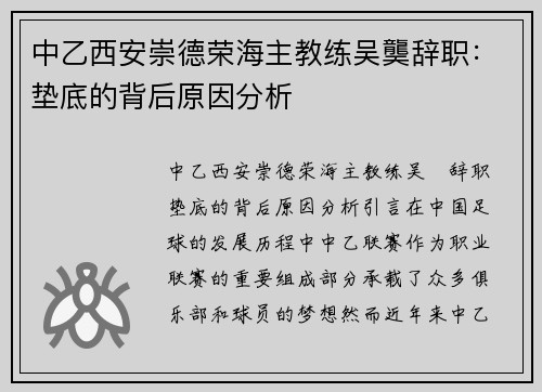 中乙西安崇德荣海主教练吴龑辞职：垫底的背后原因分析