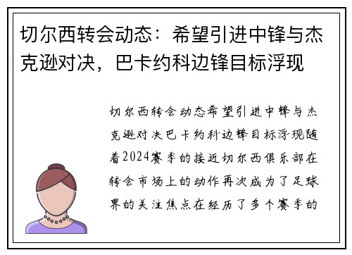 切尔西转会动态：希望引进中锋与杰克逊对决，巴卡约科边锋目标浮现