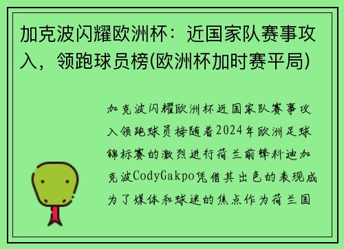 加克波闪耀欧洲杯：近国家队赛事攻入，领跑球员榜(欧洲杯加时赛平局)