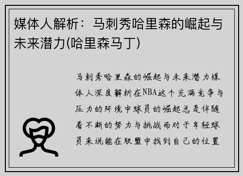 媒体人解析：马刺秀哈里森的崛起与未来潜力(哈里森马丁)