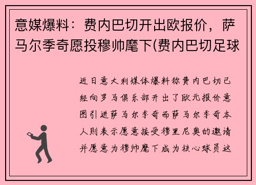 意媒爆料：费内巴切开出欧报价，萨马尔季奇愿投穆帅麾下(费内巴切足球俱乐部是哪个国家的)