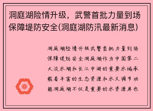 洞庭湖险情升级，武警首批力量到场保障堤防安全(洞庭湖防汛最新消息)