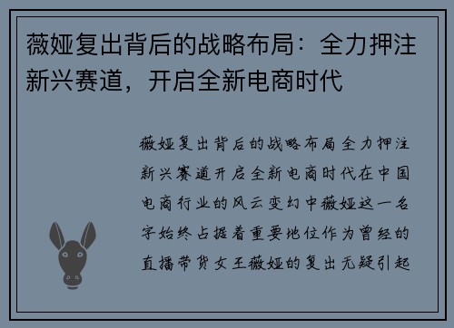 薇娅复出背后的战略布局：全力押注新兴赛道，开启全新电商时代