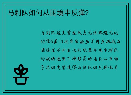马刺队如何从困境中反弹？